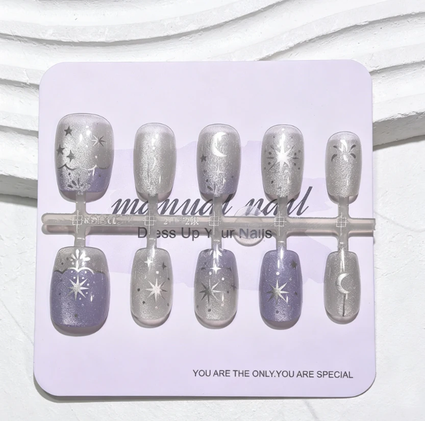 

10 square false nails, cat-eye dreamy purple night starry moon temperament detachable nail art pieces