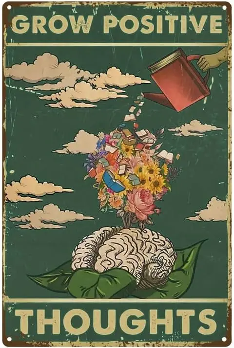 Vintage Wall Metal Poster Grow Positive Thoughts Vintage Tin Sign, Flower Head Girl Poster, Mental Health Poster, Motivatio sign