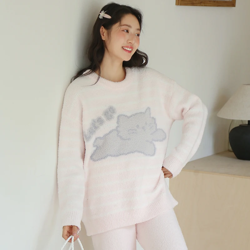 

Sweet Korean-style soft cat stripes autumn and winter thickened pajamas