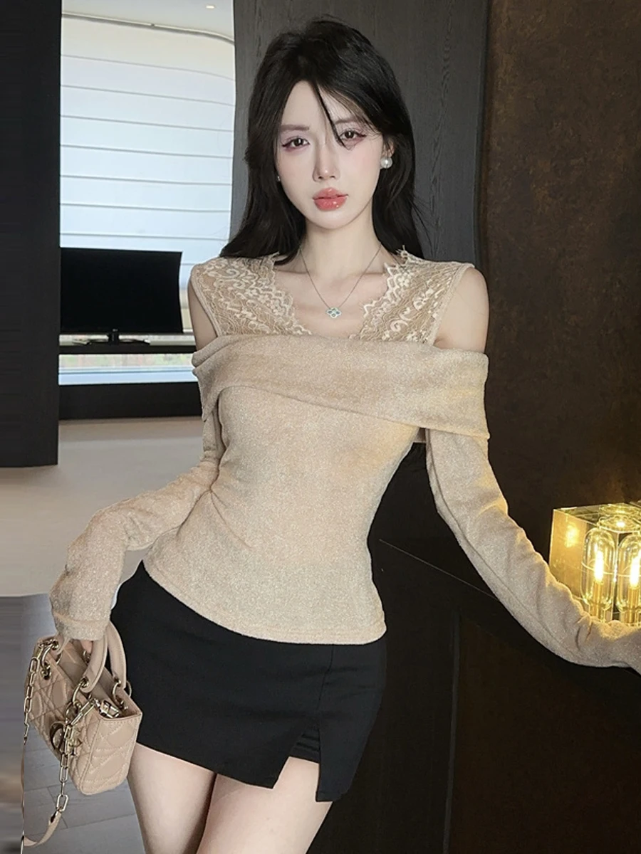 Sexy Fashionable Lace Splice Shiny Slim Fit Knitted Base Layer Top Women's T-shirt Pure Desire High Level Glittering Bodycon ...