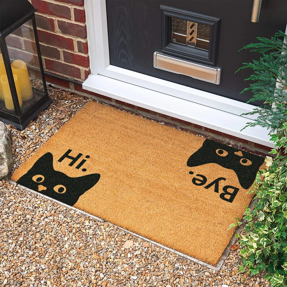 Hi Bye Cat Doormat Cute Entryway Welcome Carpet Unique Bath Rug Cat Lover Gift Easy Clean Absorbent Door Wiper Funny Black Cat
