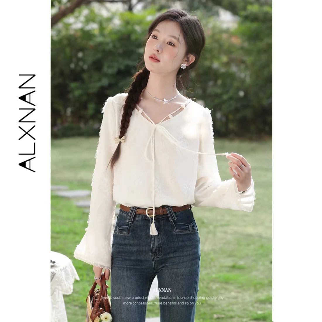 

Женская блузка ALXNAN с длинным рукавом, весна 2026, новый французский стиль, абрикосовый цвет, V-образный вырез, элегантная повседневная свободная модель L61919