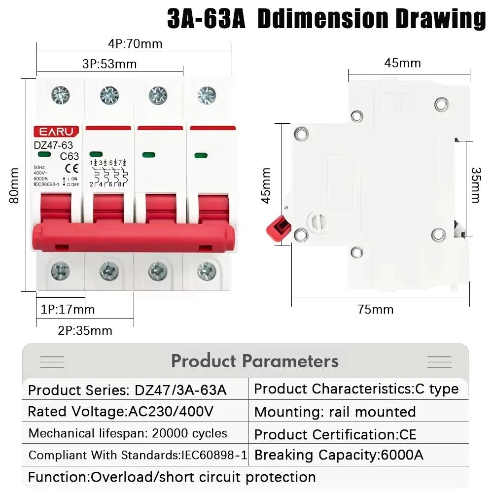 DZ47 1P 2P 3P 4P 3A-125A AC 230V 400V C Type Mini Circuit Breaker MCB Short Overload Protector Din Rail Mount Breaking Capacity