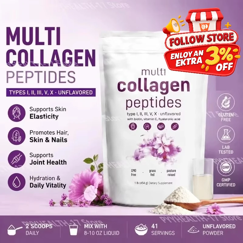 Multi Collagen Peptides Powder Types I II III V with Biotin Vitamin C & Hyaluronic Acid Supports Skin Hair Nails for Men Women