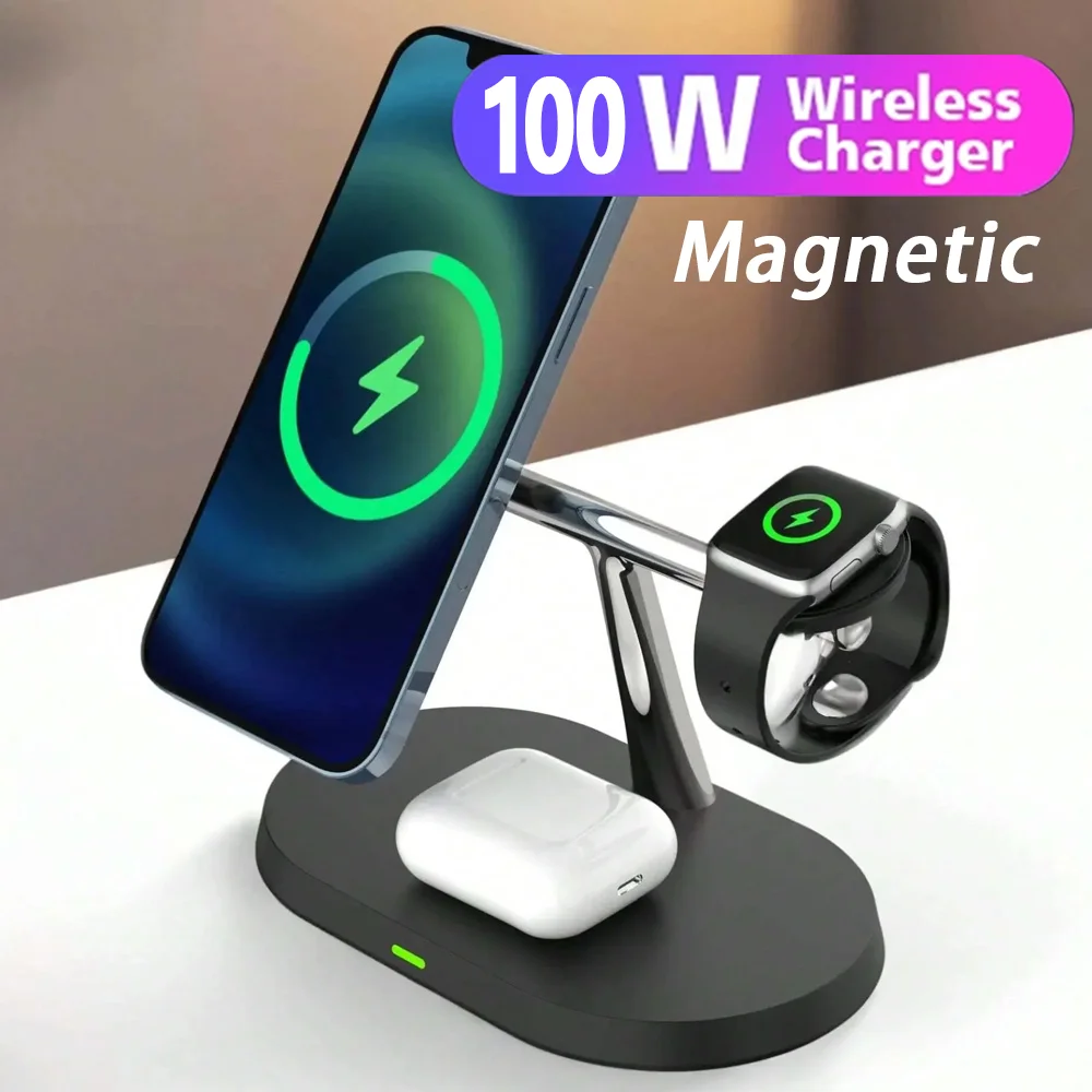 Supporto per caricabatterie wireless magnetico da 100 W per iPhone 16 15 14 Pro Max Apple Watch 8 7 9 Airprods 3 in 1 Stazione di ricarica rapida Macsafe