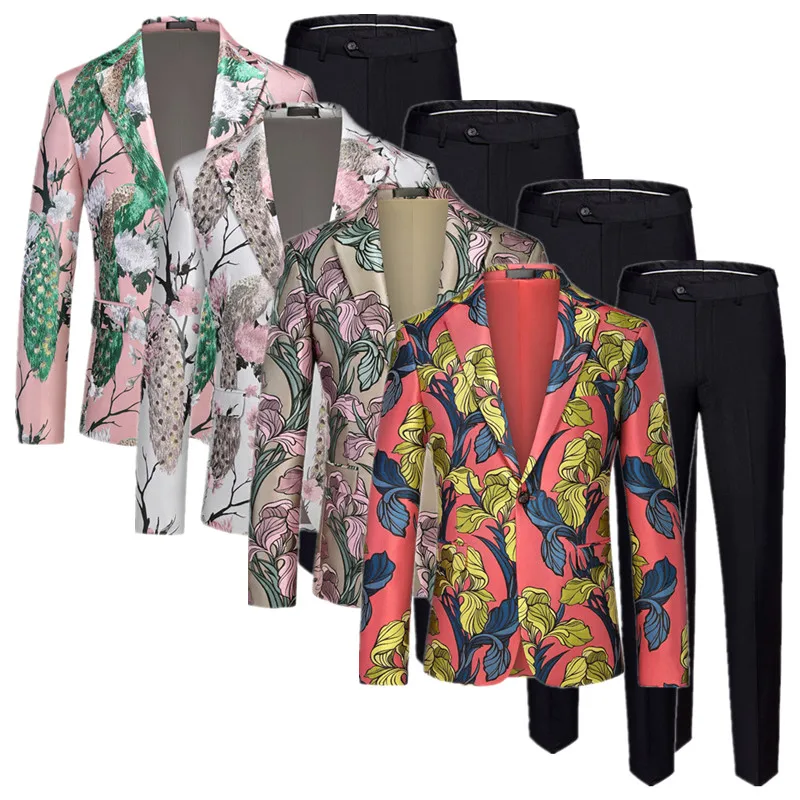 

( Jacket + Pant ) New Men Business Social Dance Party Jacquard Suits Fashion Singer Hosted Stage Performance Blazer and Trouser