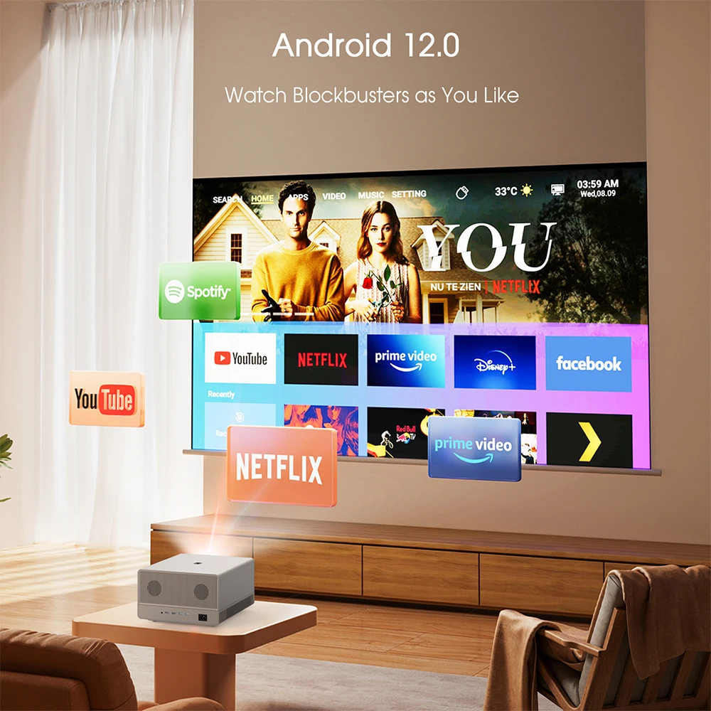 ZXY 4K UHD 3840x2160 دقة مصباح بروجيكتور مكبر صوت مدمج، تلفزيون HDMI مزدوج Android سينما منزلية ذكية