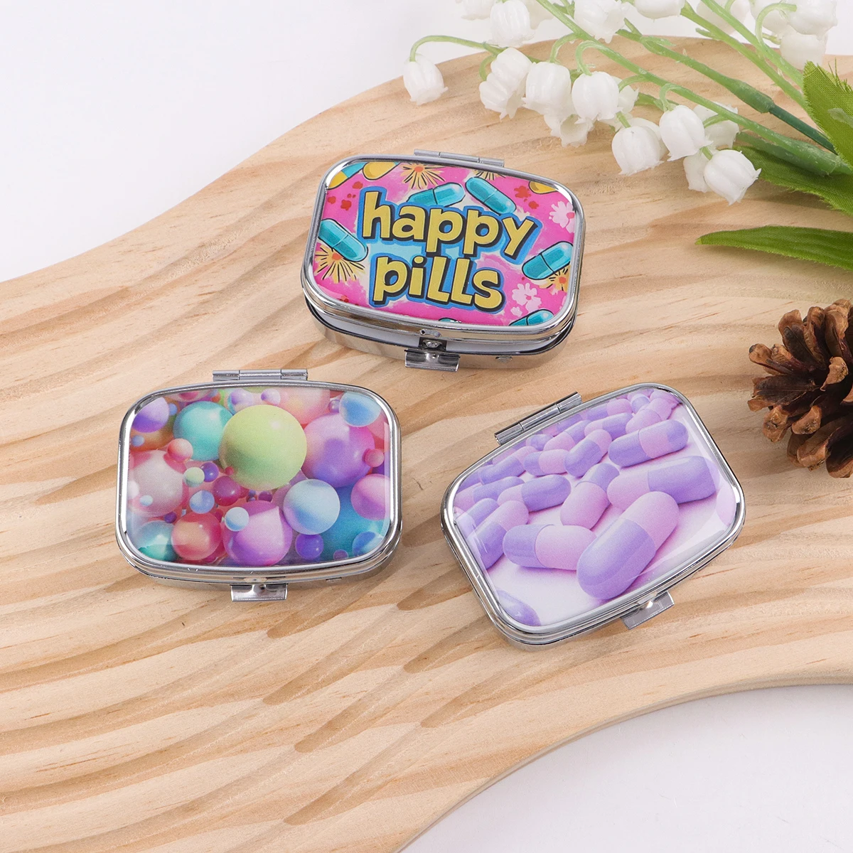 Simple Pattern 2 Compartments Metal Medicine Box Portable Travel Decorated  Sealed Small Pill Organizer Container Storage
