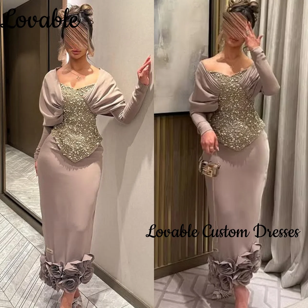 

Customize Long Sleeves Luxury Dresses Evening Column Square Neckline Elegant Dresses For Women Floor-Length Beadings Dresses For