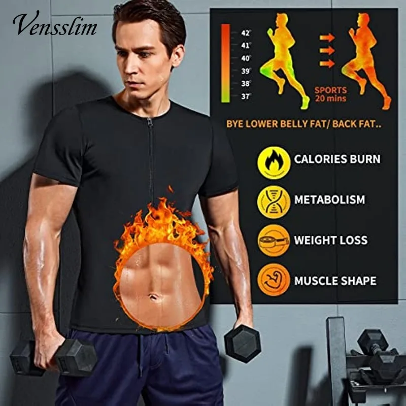 Vensslim Sweat Sauna Suits Men Polymer Zipper Body Shaper Slimming Short Sleeve Waist Trainer Heat Trapping Compression Corset