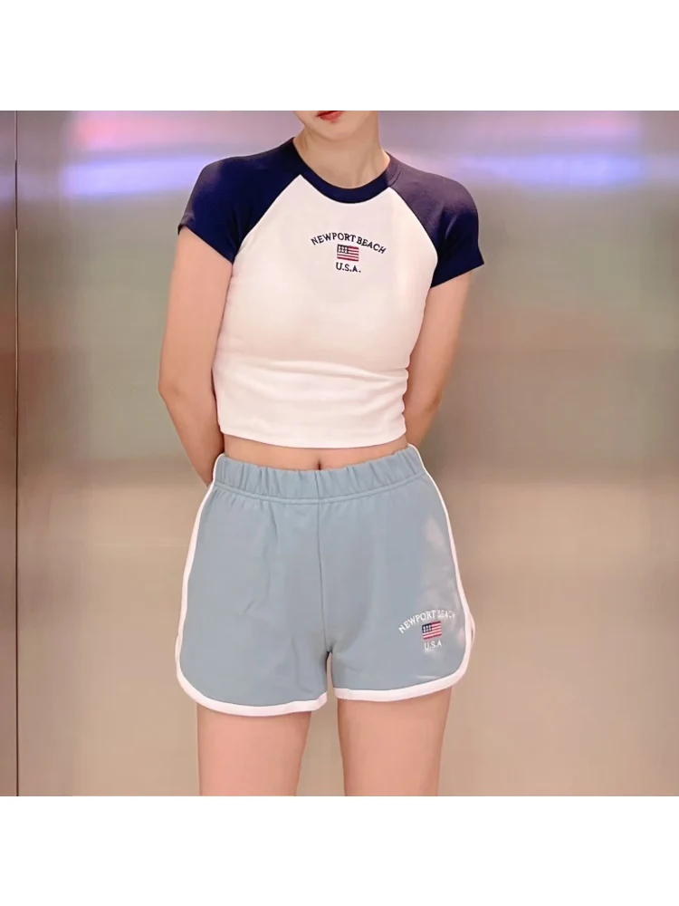 Casual Women Blue Flag Embroidery Short Pants 2022 Summer Fashion Ladies Sporty Female Knitted Shorts