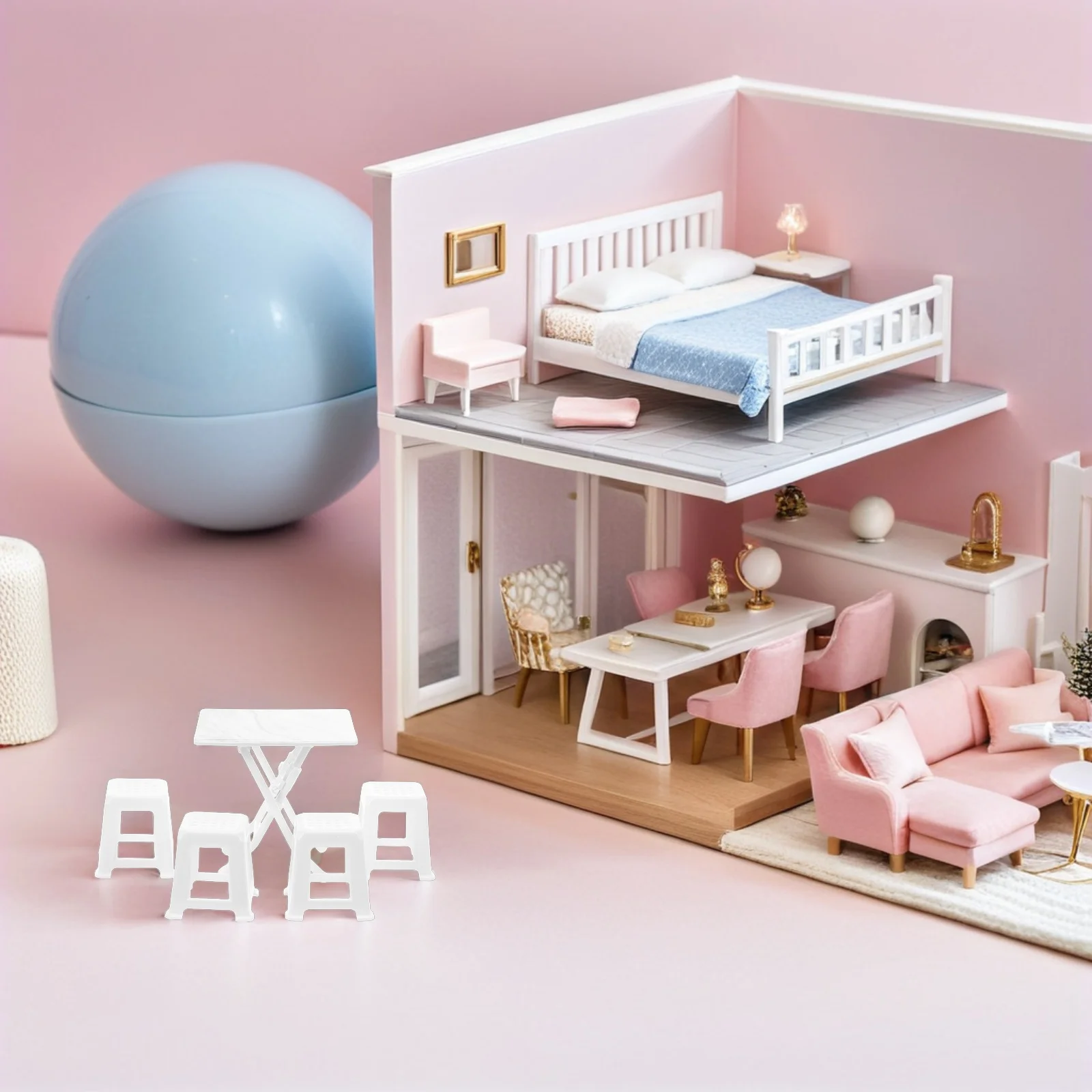 1세트 미니어처 인형집 가구 테이블과 의자 플라스틱 작은 현실감 있는 가구 DIY 놀이 인형집 의자