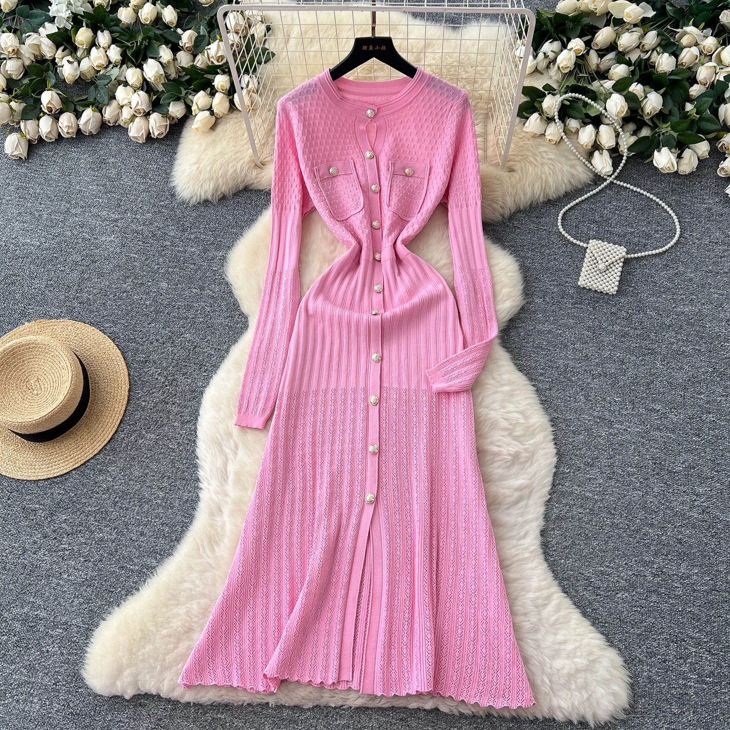 Sexy chic Pockets button Knit slim Vintage korean fashion Evening Party dresses sundress ceremony dresses