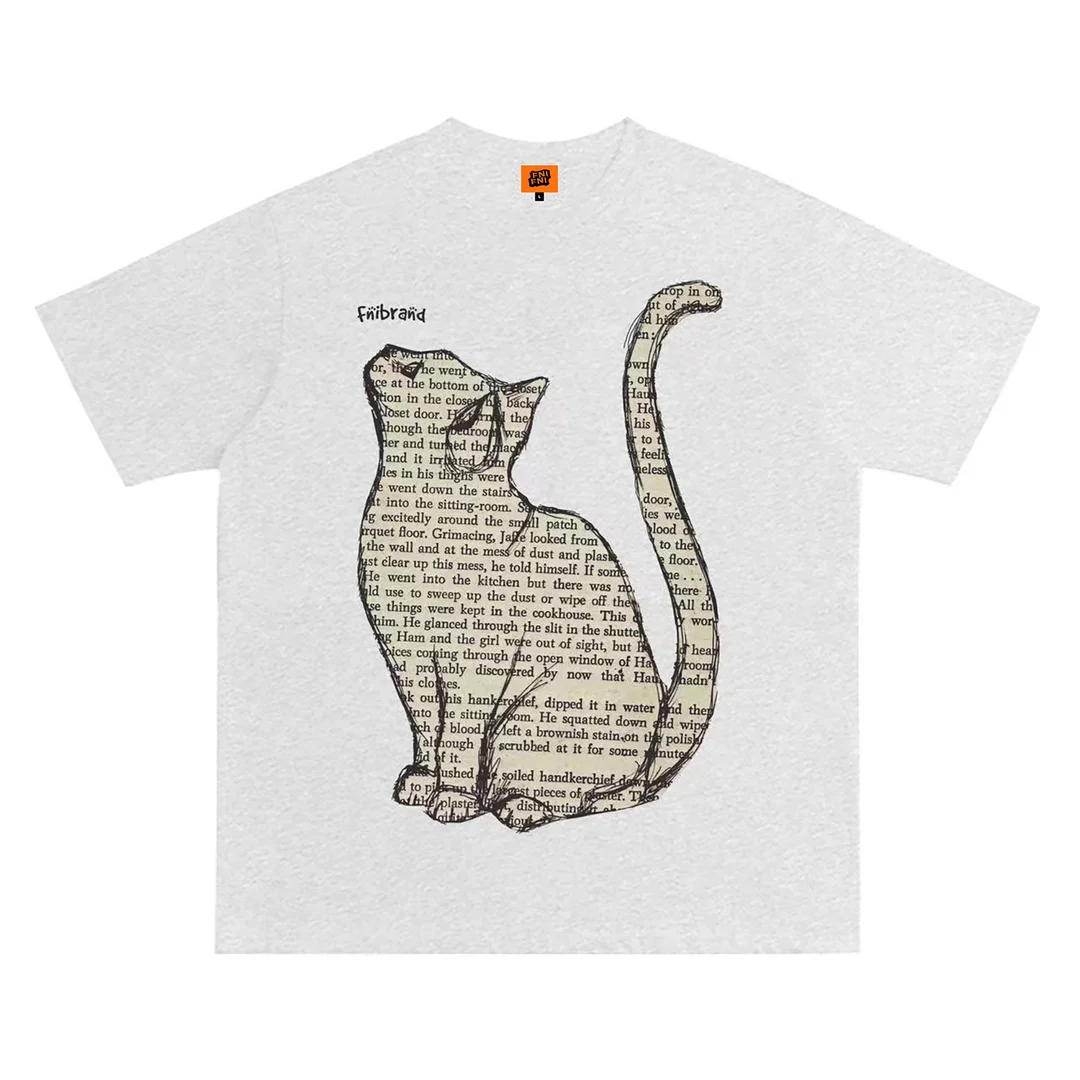 Newspaper Cat Pure cotton heavyweight 300g men and women same style t-shirt American retro short-sleeved top 24 trendy new style