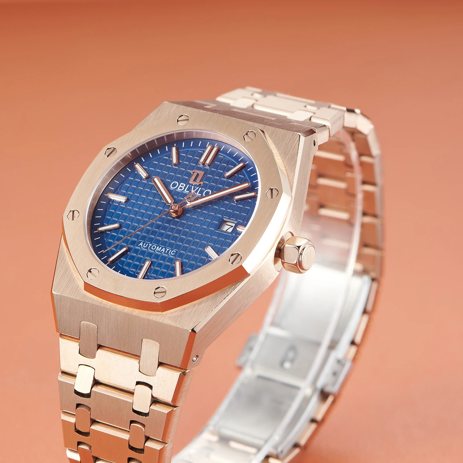 Reloj OBLVLO TM-ASP de lujo para hombre, esfera azul de 41mm, oro rosa, automático, luminoso, resistente al agua, mecánico, informal, de negocios