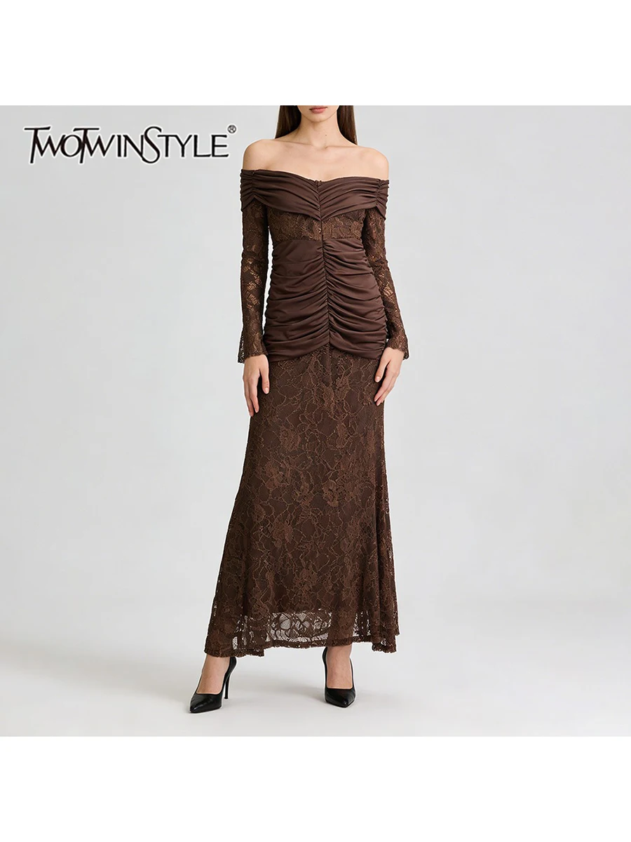เดรสลูกไม้ซีทรูทรงเข้ารูปเซ็กซี่ TWOTWINSTYLE สำหรับผู้หญิง คอวี แขนยาว แต่งผ้าต่อกัน จับจีบ แฟชั่นใหม่