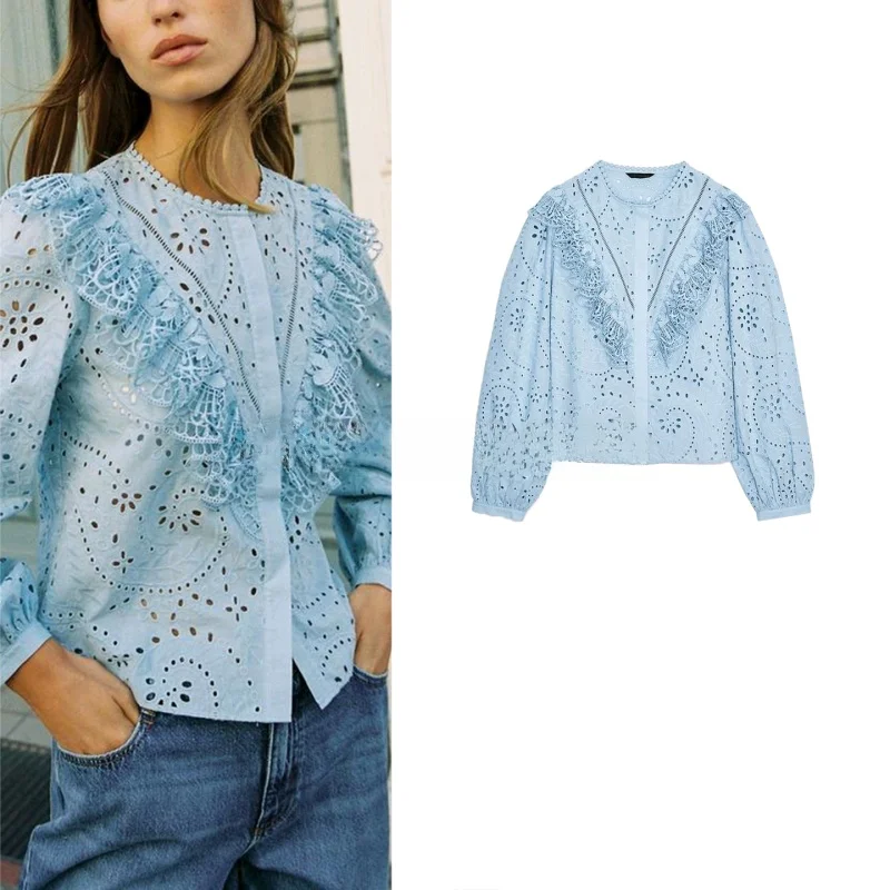 

New Autumn Women's Long Sleeve Embroidered Hollow out round Neck Shirt Casual Loose Polyester Skin-friendly Breathable
