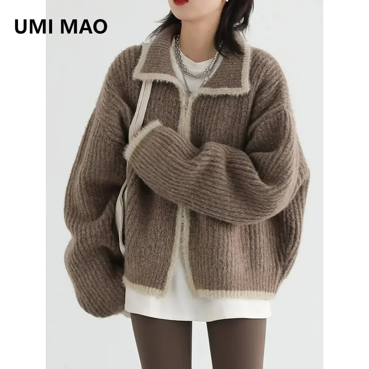 

UMI MAO Women's Sweaters Loose Korean Casual Lapel Knitted Cardigan Female Tops Knitwears Woman Autumn Winter