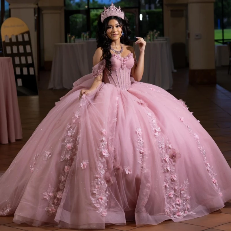 

Pink Shiny Quinceanera Dresses Off The Shoulder Applique Flower Beading Crystal Bow Tull Corset Party Birthday Sweet 16 Dress