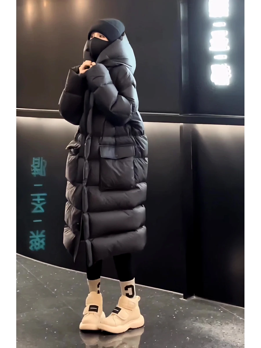 

Black Long Hooded Warmth Duck down Jacket Women's Winter New Color Block Thickened Fleece Lined Coat Korean Style Straight Cut