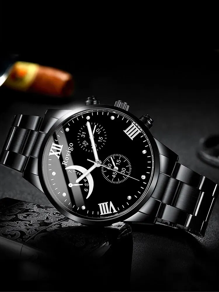 2pcs Fashion Business Gentleman Round Steel Band Men\'s Quartz Watch with Chain Bracelet Set