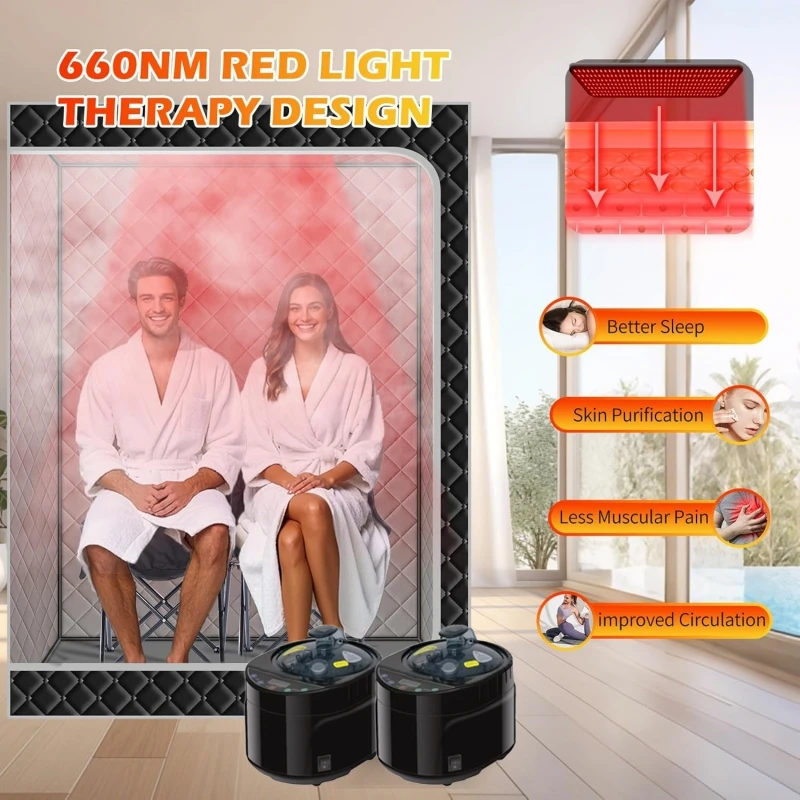 2 Person Portable Steam Infrared Sauna Box with Red Light Therapy Lamp 660nm for Home Relaxation with two 4L 1500W Steamer