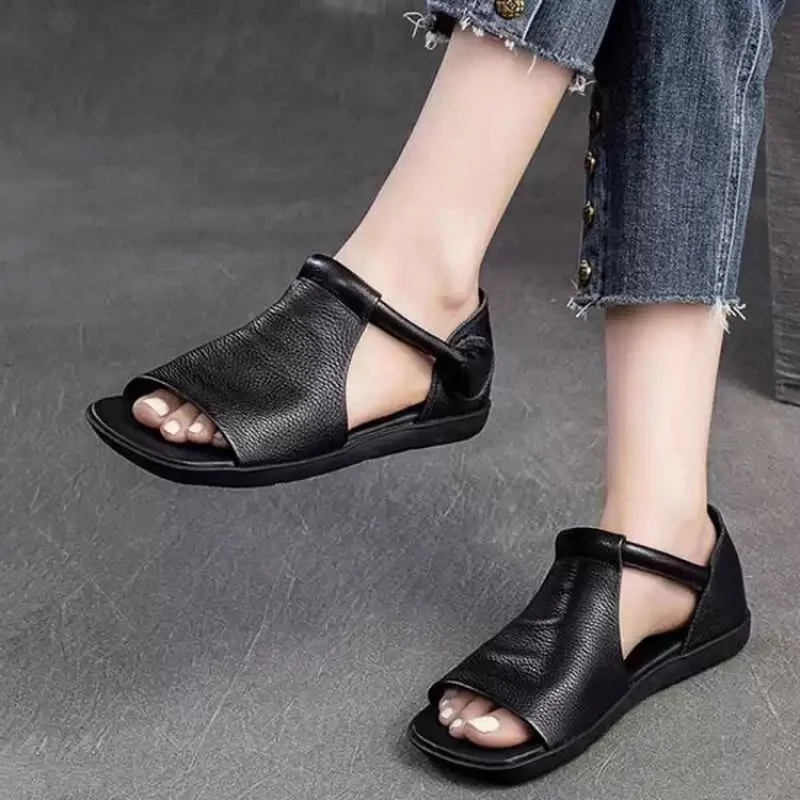 2025 Summer New Women's Peep Toe Flat Sandals - Retro Soft Leather Breathable Comfortable Versatile Casual Shoes image 3