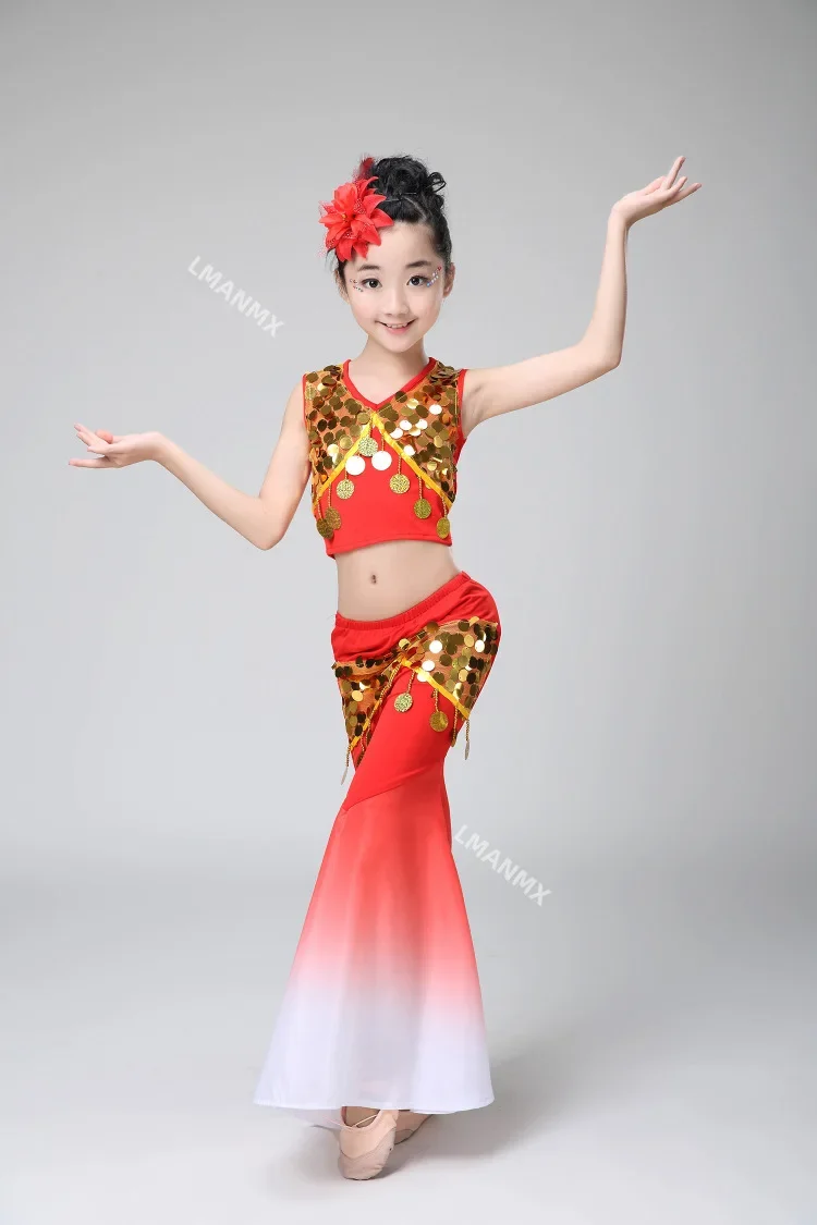 nowe dzieci dziewczyna chiński kostium taneczny zestaw kostiumów scenicznych dla kobiet Dai etniczna sukienka do tańca pawia ubrania do tańca