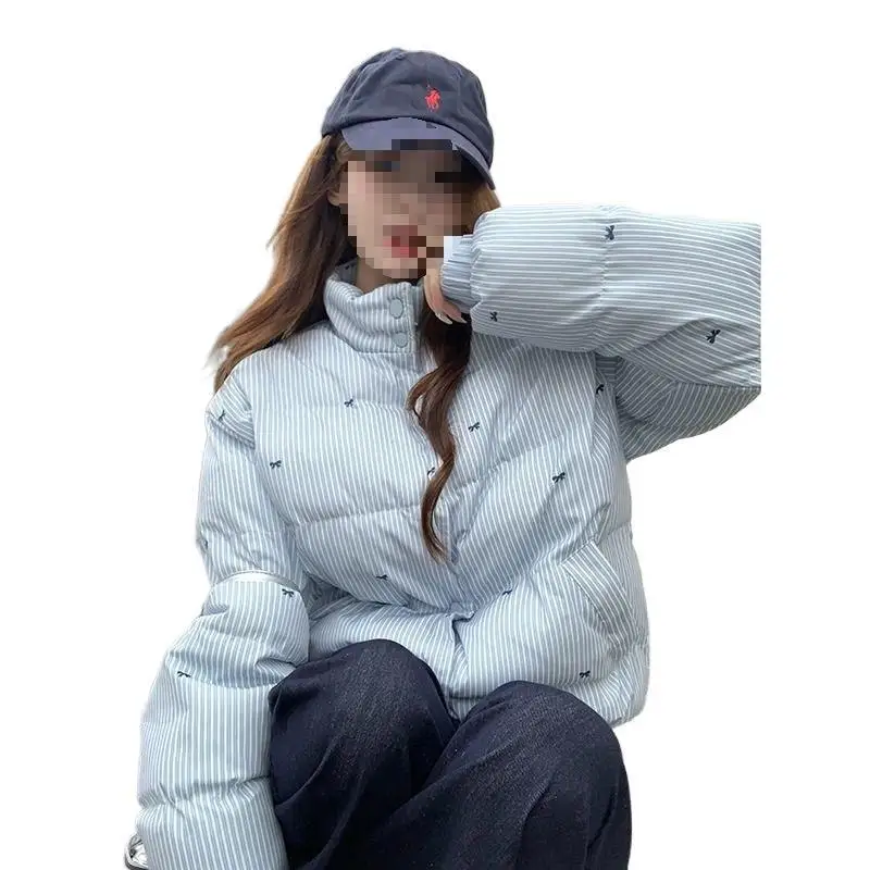 سترة الوقوف طوق معطف الشتاء الخبز تصميم دافئ الأزرق القطن مبطن المرأة ملابس خارجية سميكة شريط فراشة عقدة القطن #5