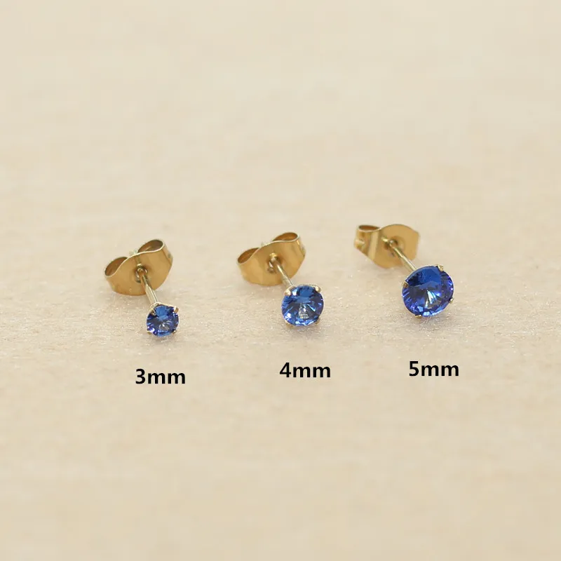 Tanzania Blue Stainless Steel Push Back Stud Earrings 3 4 5mm Square And Round Zircons No Easy Fade  Allergy Free