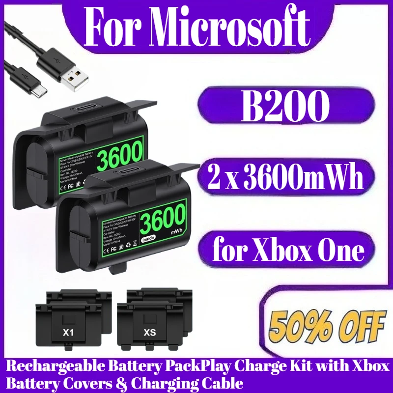 

B200 2 x 3600mWh for Xbox One/Series X/S Rechargeable Battery PackPlay Charge Kit with Xbox Battery Covers & Charging Cable