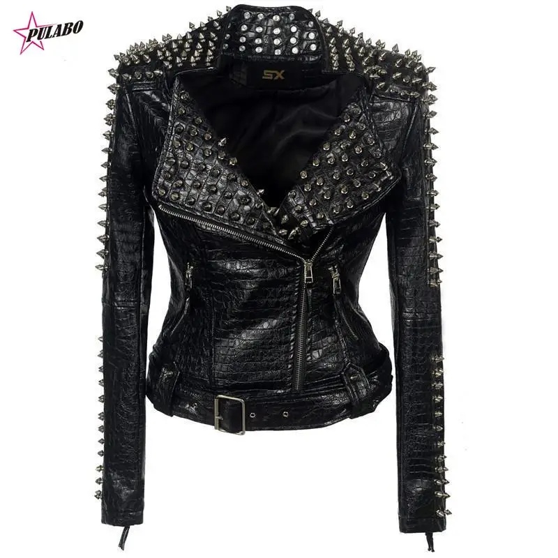 

PULABO SX Occident Fashion Women Club Hot Style Stud Slim Fit Jacket Shoulder Rivets Zip Stitching Short PU Leather Rock Coat