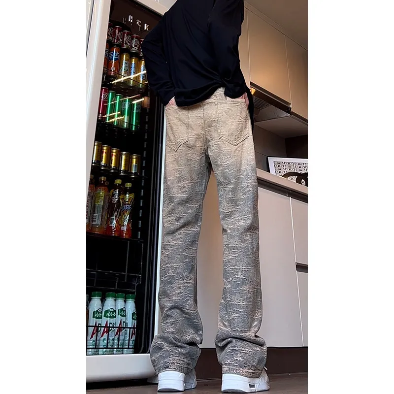 

Retro American adient Floral Embroidery Jeans Men Trendy Haome Street Sle Design Straight Leg Micro Flared Pants