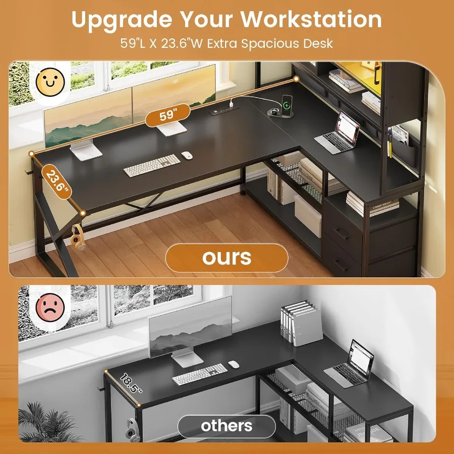 Escritorio para juegos en forma de L para el hogar, oficina y configuración de juegos con cajones duales, iluminación LED, gabinete de vidrio, bolsa de almacenamiento, diseño de esquina wi