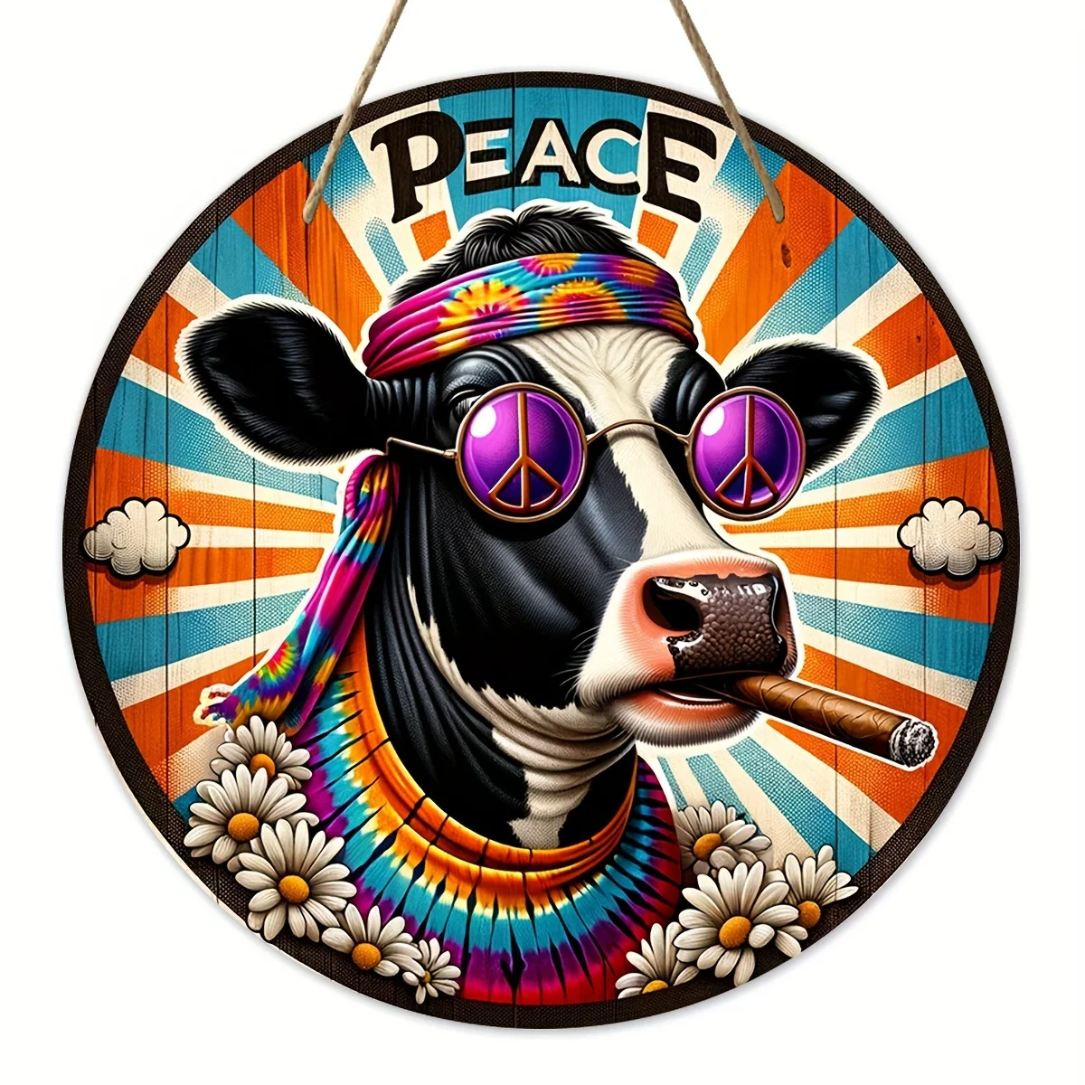 Rustic Wooden Peace Sign,3D Cow With Hippie Glasses,Floral Wreath Center,Front Door Festive Garnish,Home&Outdoor Wall Decor