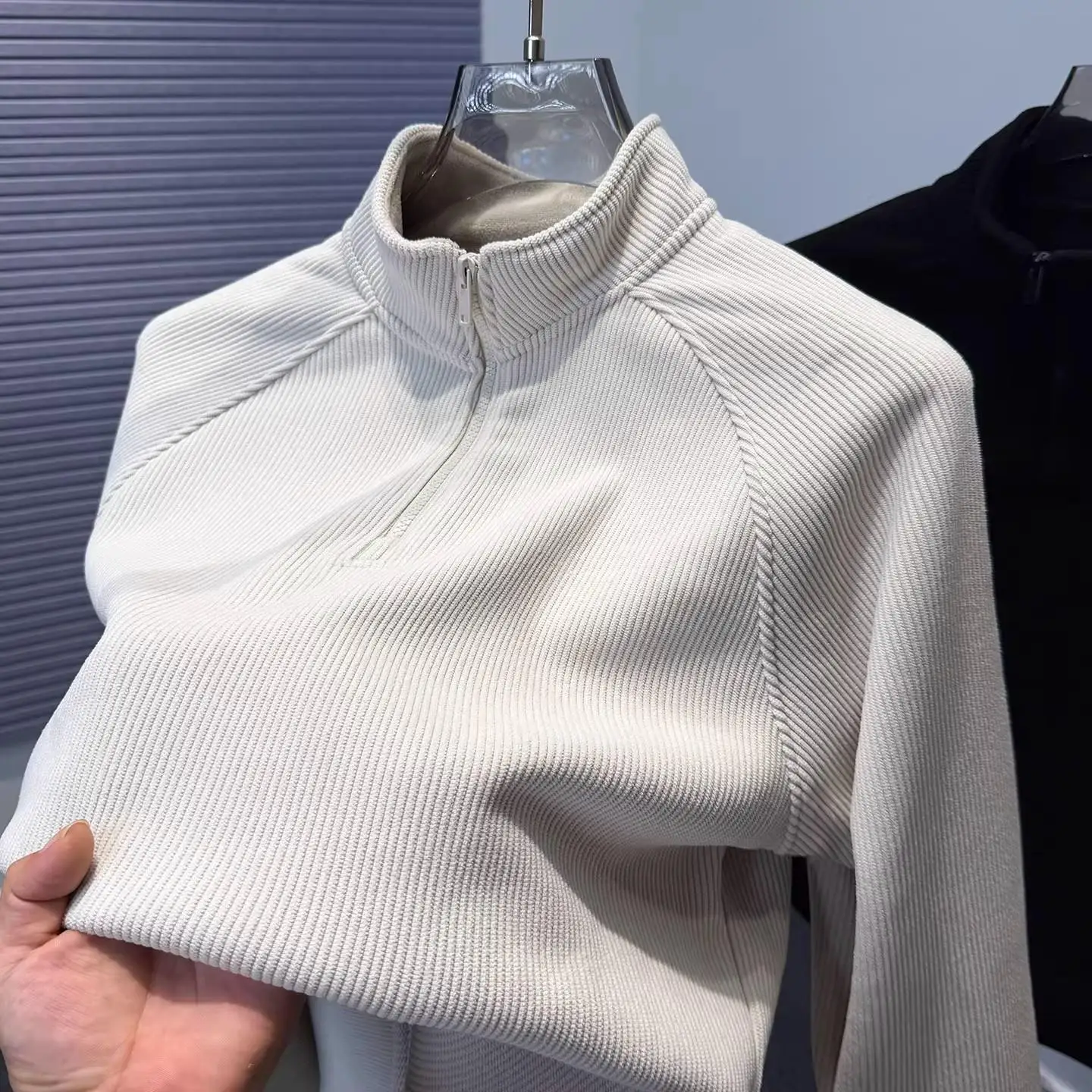 

Olive Velvet f High Ne Sweatirt Men's Fce Lined Thiened Autumn Winter Pure Color Sports Casual Zipper Stand Colla...