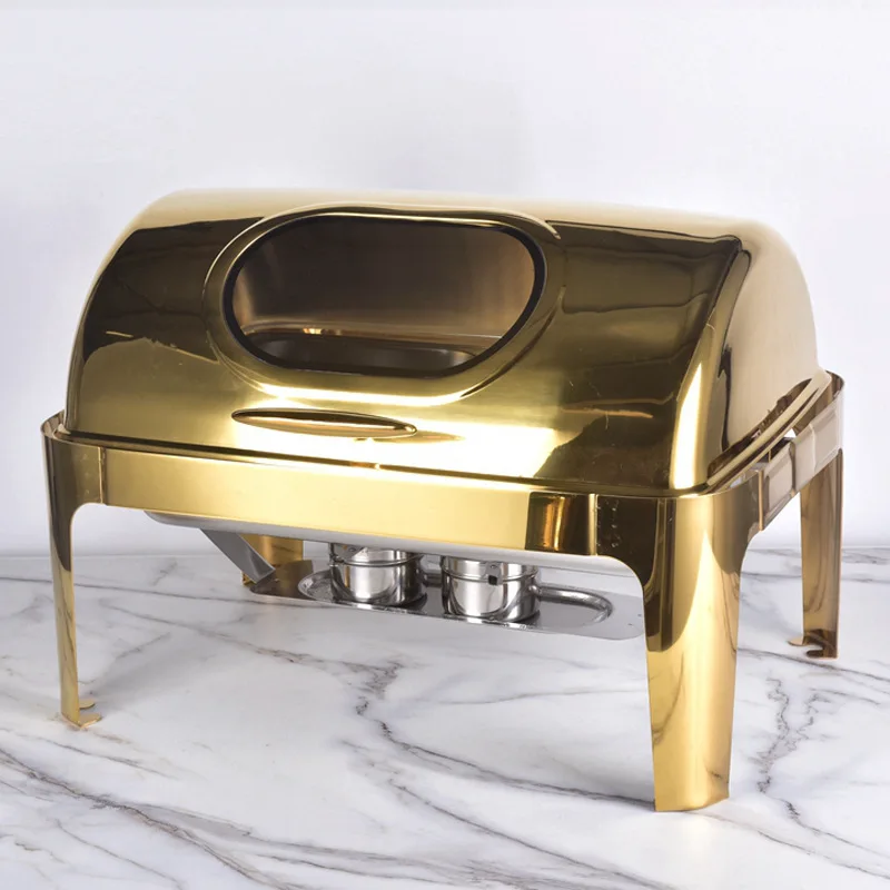 Party Catering Equipment Buffet Set Saving  Round Roll Top Chafer  Luxury Gold Fuel Food Warmer Chafing Dishes