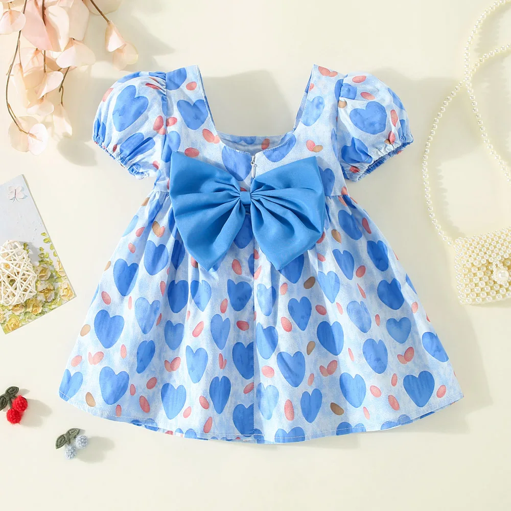 Summer New Cute Full of Love Short Sleeved Cotton Dress for Girls Korean Back Bow Dress Suitable for 0-3 Year Old Babies