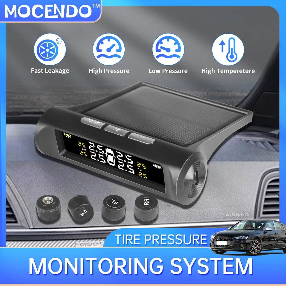 Solar Car TPMS, LCD Display Tire Pressure Monitor with USB Charging, External/Internal Sensor, Auto Alarm, Digital TPMS for Car