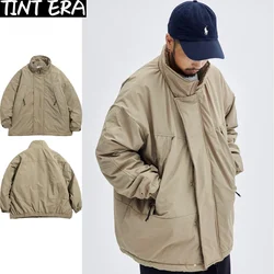 Casaco vintage de algodão carga para homens e mulheres, Harajuku, cor sólida, gola alta, parka, rua, solto, casual, inverno