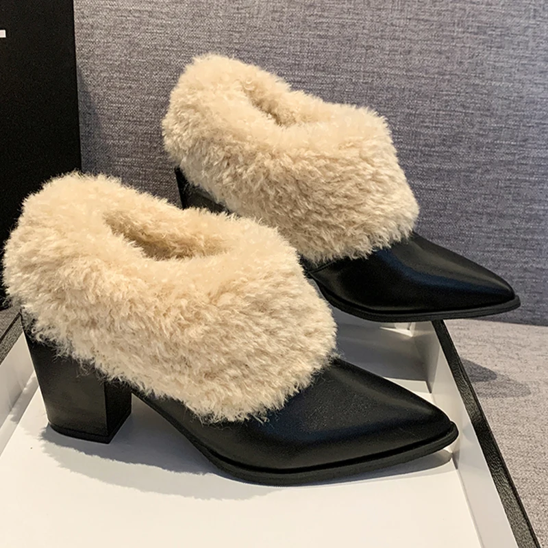 

Женские ботильоны на высоком каблуке, зимние сапоги на массивном меху, зимние короткие плюшевые женские ботинки, трендовое платье 2025 года, элегантная мода Mujer Zapatos