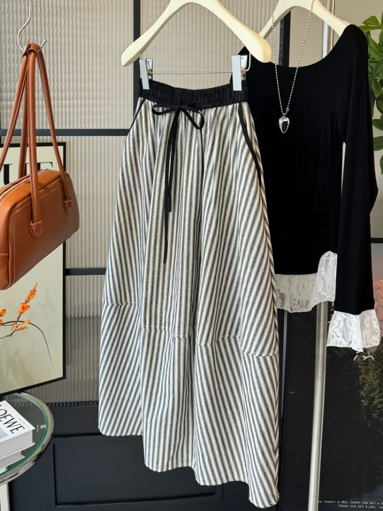 Japanese Vintage Harajuku Stripe Skirt Women Elastic High Waist A Line All-match Design Flower Bud Half-body Skirts Trendy New