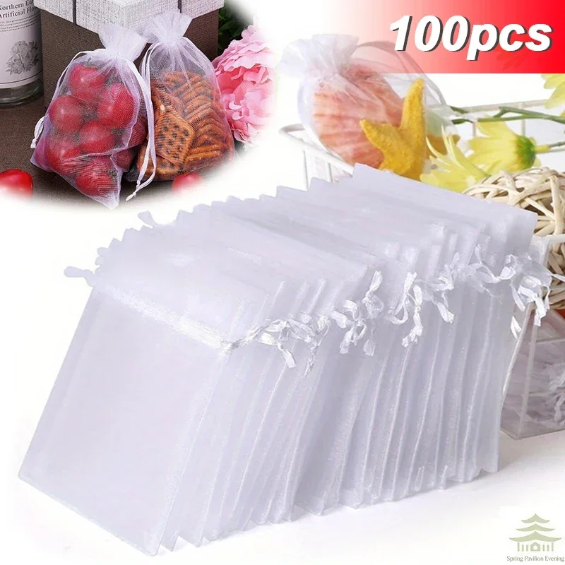 100PCS Organza Bags Random Mesh Organza Jewelry Bags Drawstring, Small Drawstring Favor Pouches Christmas Candy Wedding Birthday