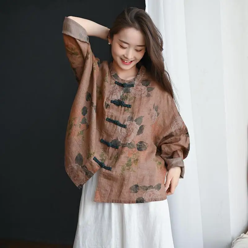 

Новое поступление, весна-лето, художественный стиль, женская винтажная однобортная свободная рубашка хорошего качества, повседневная блузка с принтом рами, топы TJ02