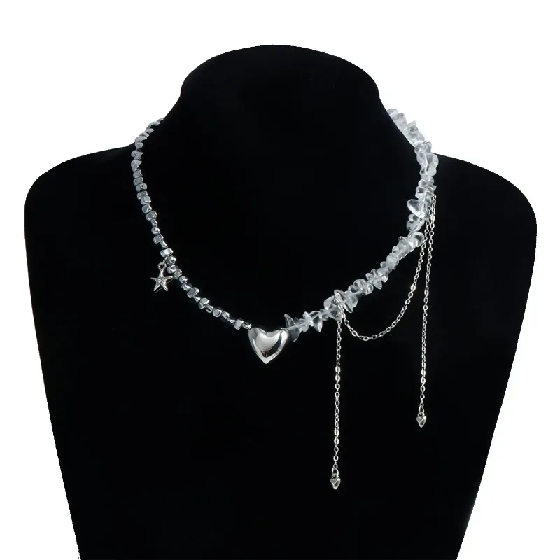 

Jewelry Ins Style Heart Pendant Starfish Tassel Collarbone Chain Glass Black Gallstones Splicing Necklace for Women