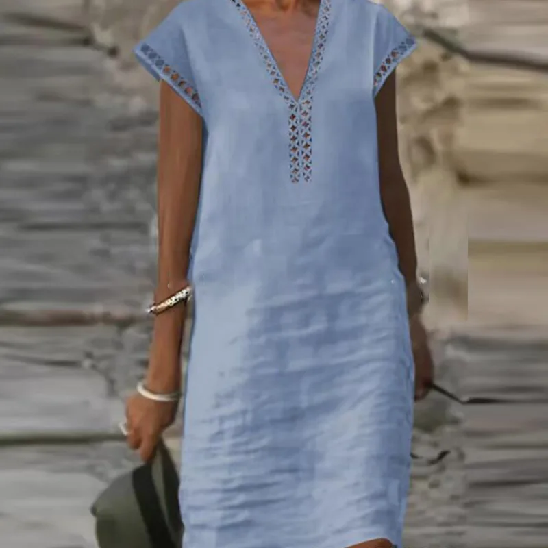 Vestido Midi reto solto para senhora do escritório, vestido de linho de algodão sólido, casual decote em v, manga curta oca, vestido de praia, verão, 2023