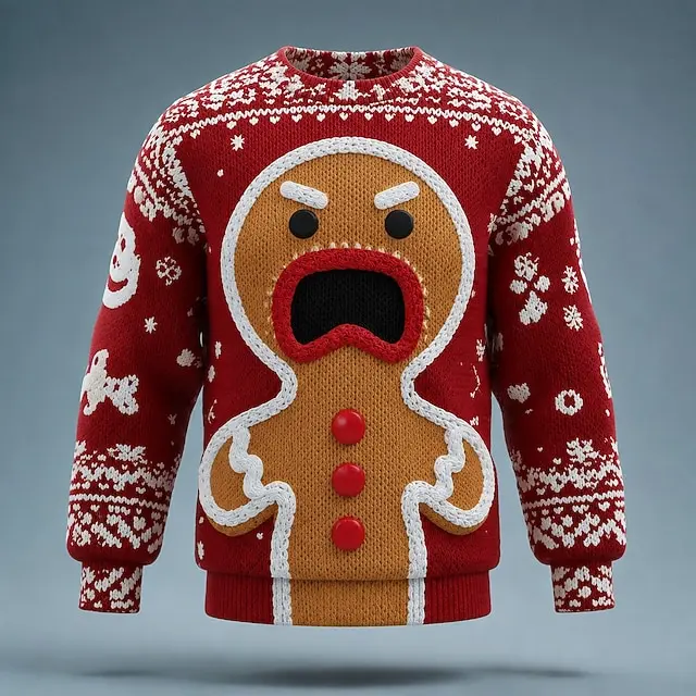 Ugly Christmas Sweater Style 3D All Print Long Sleeve T Shirt Men Women Unisex Funny Gingerbread Man Graphic Xmas Party Holiday