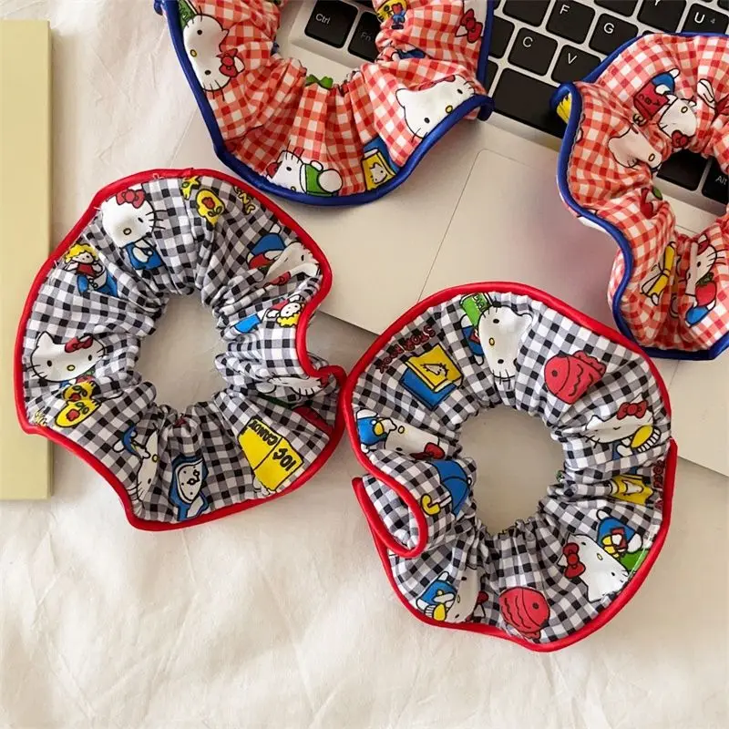 Hello Kitty Faixa de cabelo feminina xadrez estilo coreano doce e elegante acessório de cabelo de coque