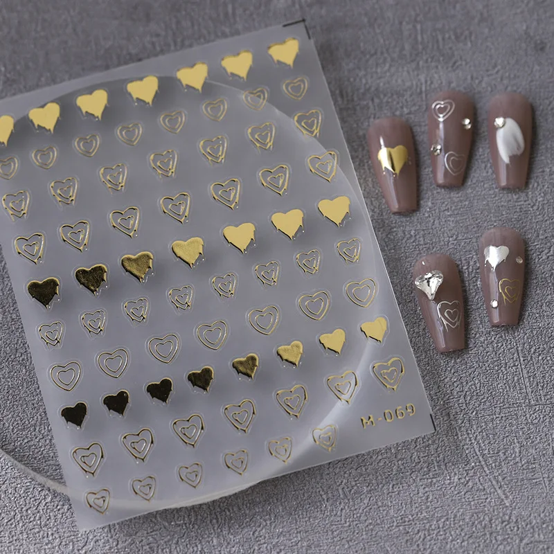 1 Sheet 5D Realistic Stamp Gold Silver Melting Solid Hollow Love Heart Adhesive Nail Art Stickers Decals Manicure Ornaments