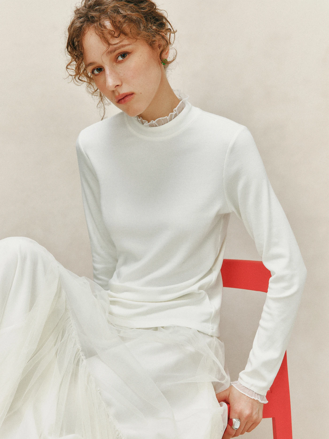 

Облегающая трикотажная основа с кружевным воротником, прозрачная сетчатая маска, дизайн, мягкий акриловый хлопок, спандекс, длинный топ све